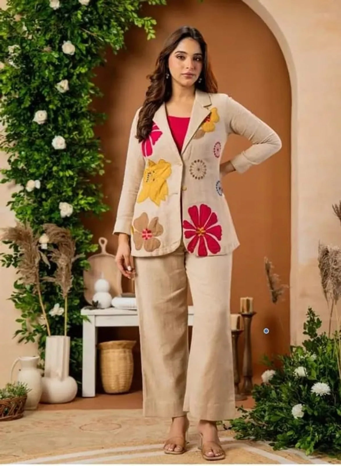 Beige Floral Blazer Style Co- ord Set