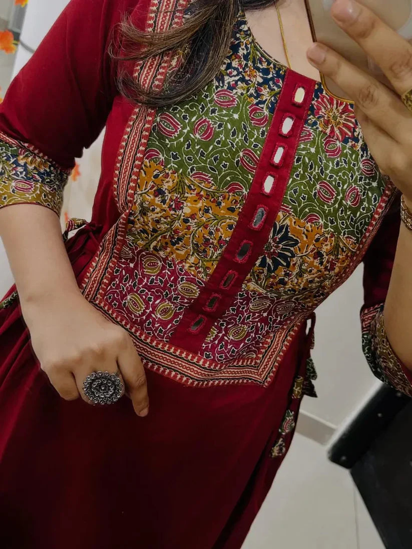 Women’s Red Embroidered Cotton Anarkali Kurta Pant Set