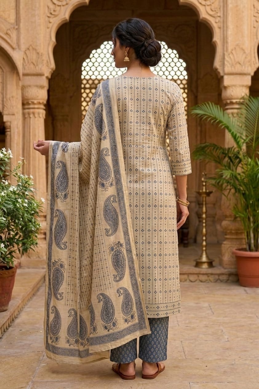 Beige and Blue Paisley Printed Cotton Suit Set with Dupatta