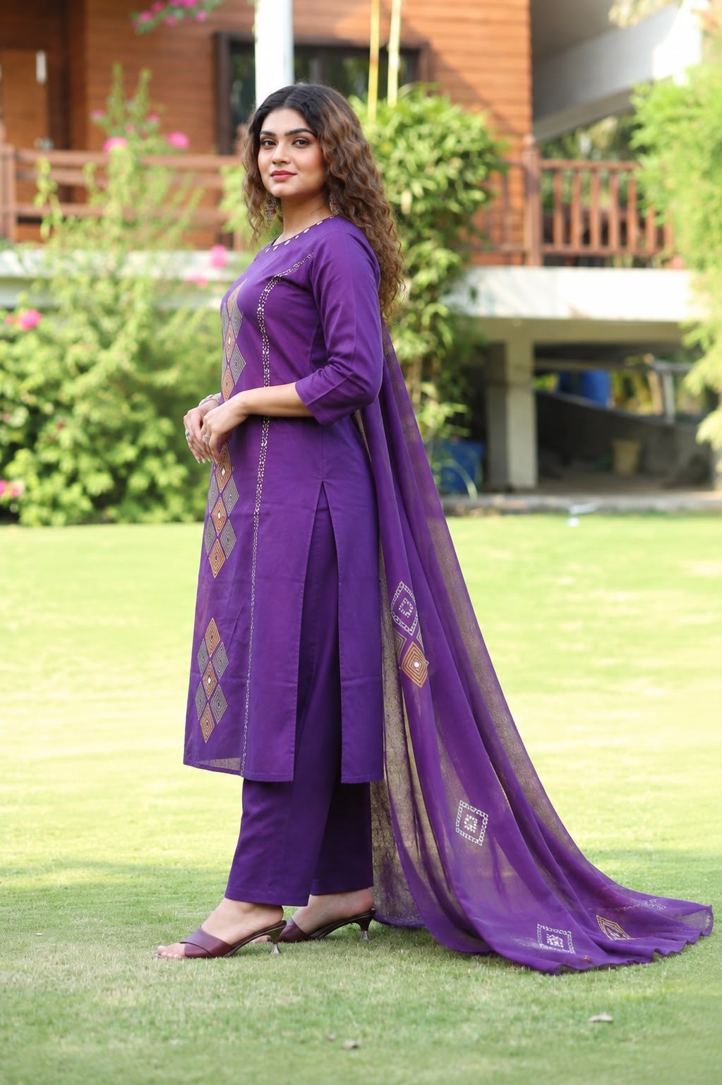 Vibrant Purple Printed Cotton Suit Set with Dupatta
