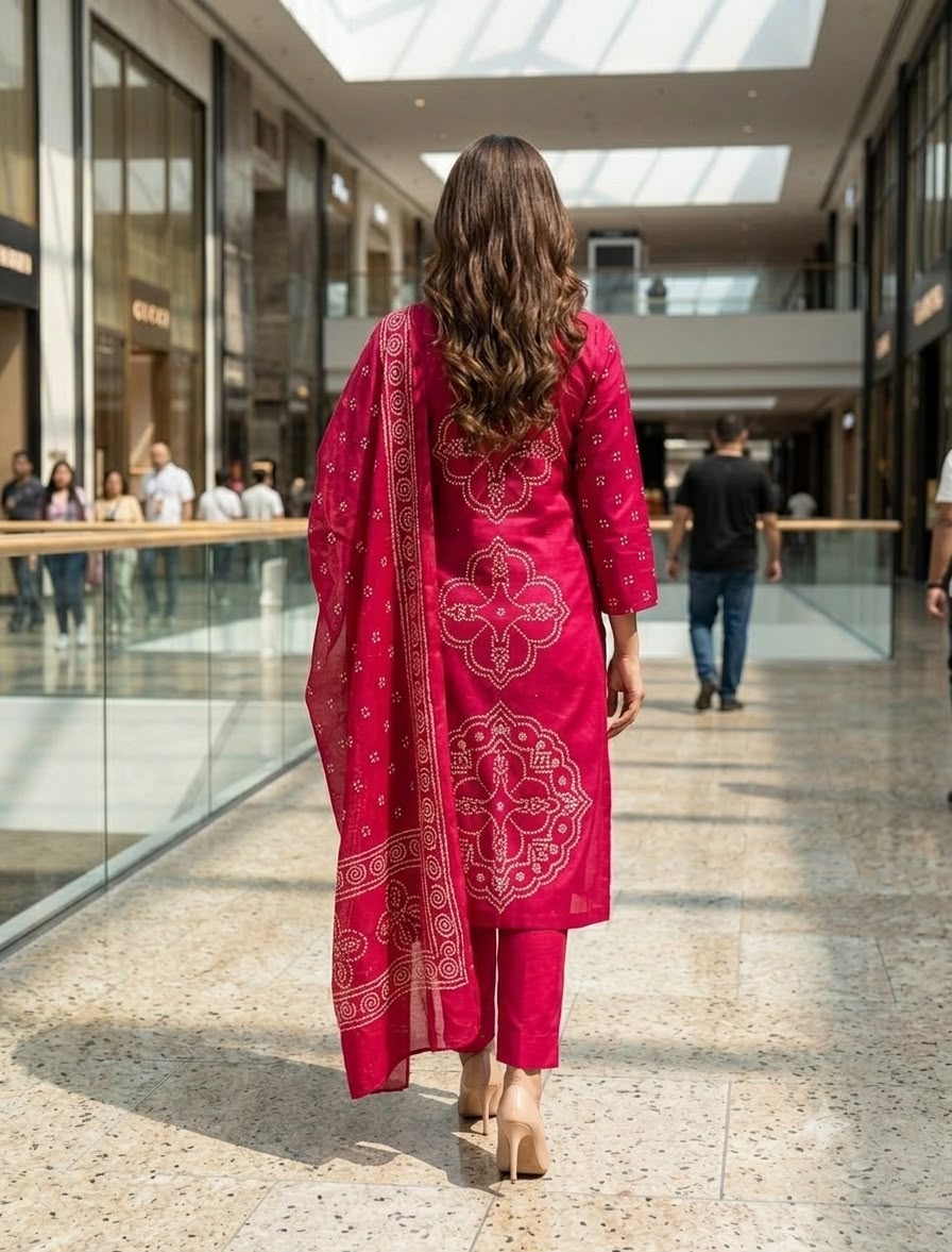 Rani Pink Muslin Embroidered & Digital Print Kurta Pant Dupatta Set