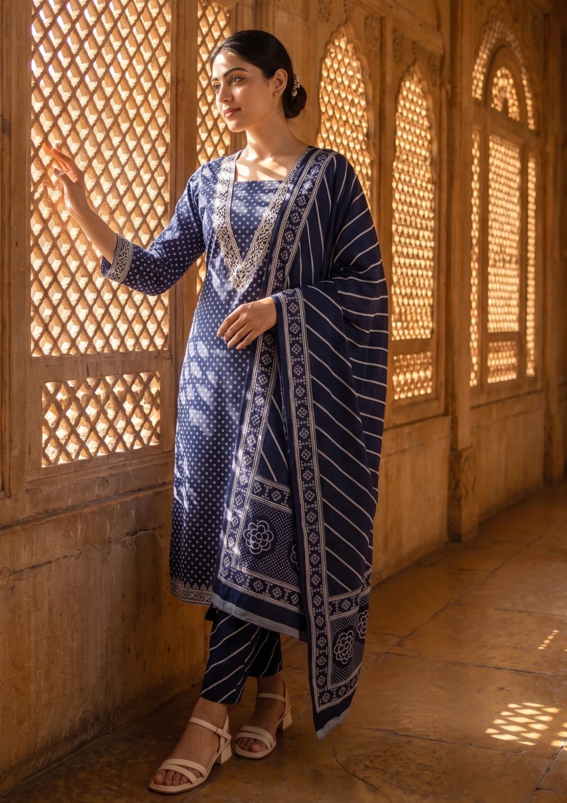 Navy Blue Muslin Embroidered & Digital Print Kurta Pant Dupatta Set