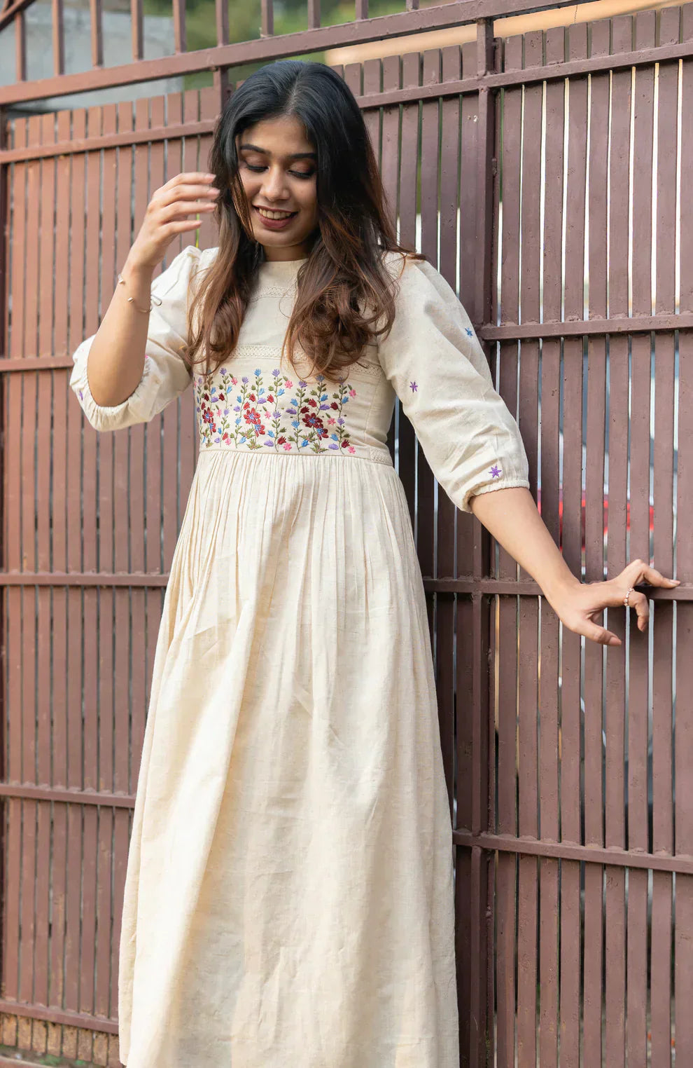 Soch Off-white flex cotton dress with floral embroidery and crochet lace detailing on yoke and sleeves