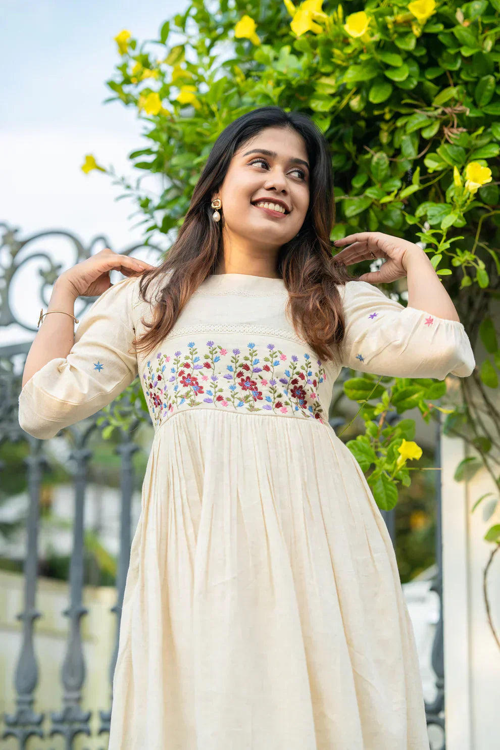 Soch Off-white flex cotton dress with floral embroidery and crochet lace detailing on yoke and sleeves