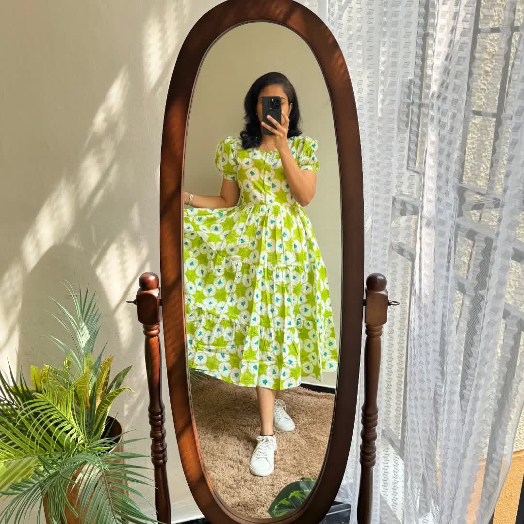 Soch Fresh Lime Green Floral Puff-Sleeve Midi Dress
