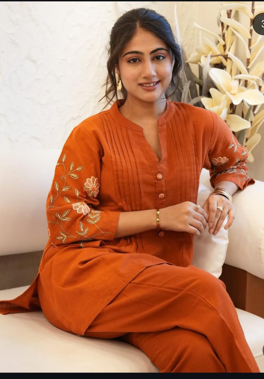Soch Elegant Rust Orange Embroidered Cotton Co-Ord Set