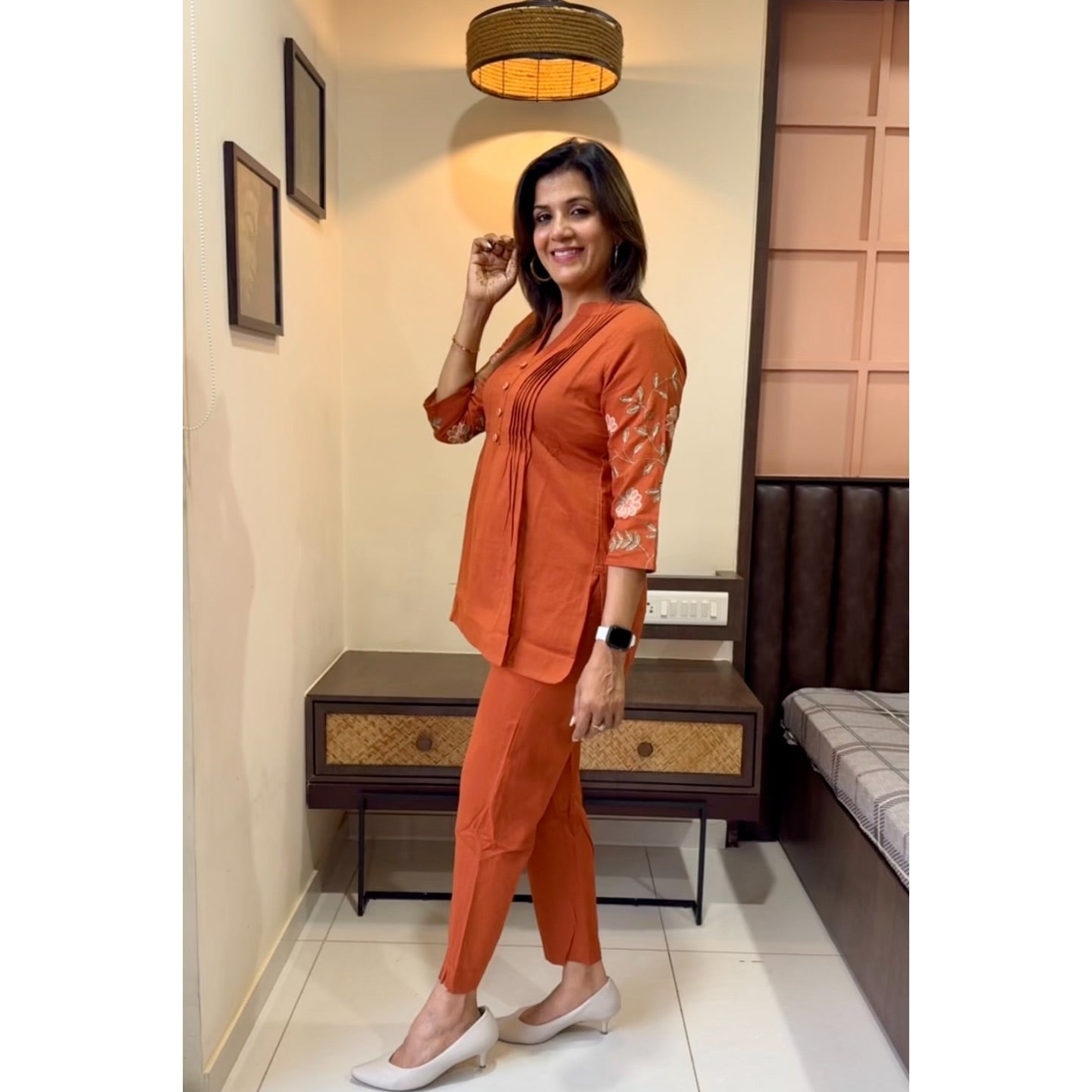 Soch Elegant Rust Orange Embroidered Cotton Co-Ord Set
