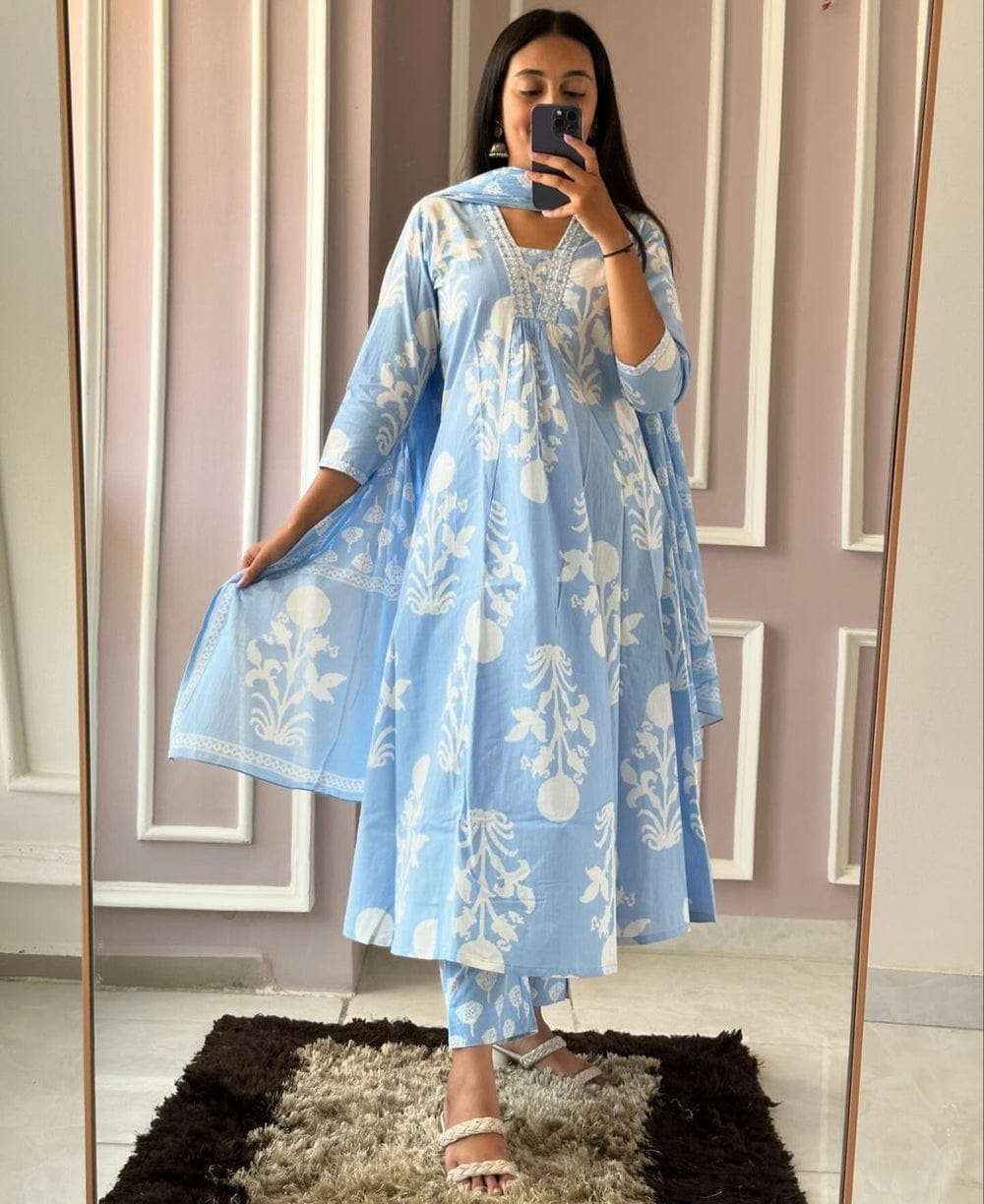 Soch Premium Pure Cotton Printed Long Kurti with Pant and Dupatta Set