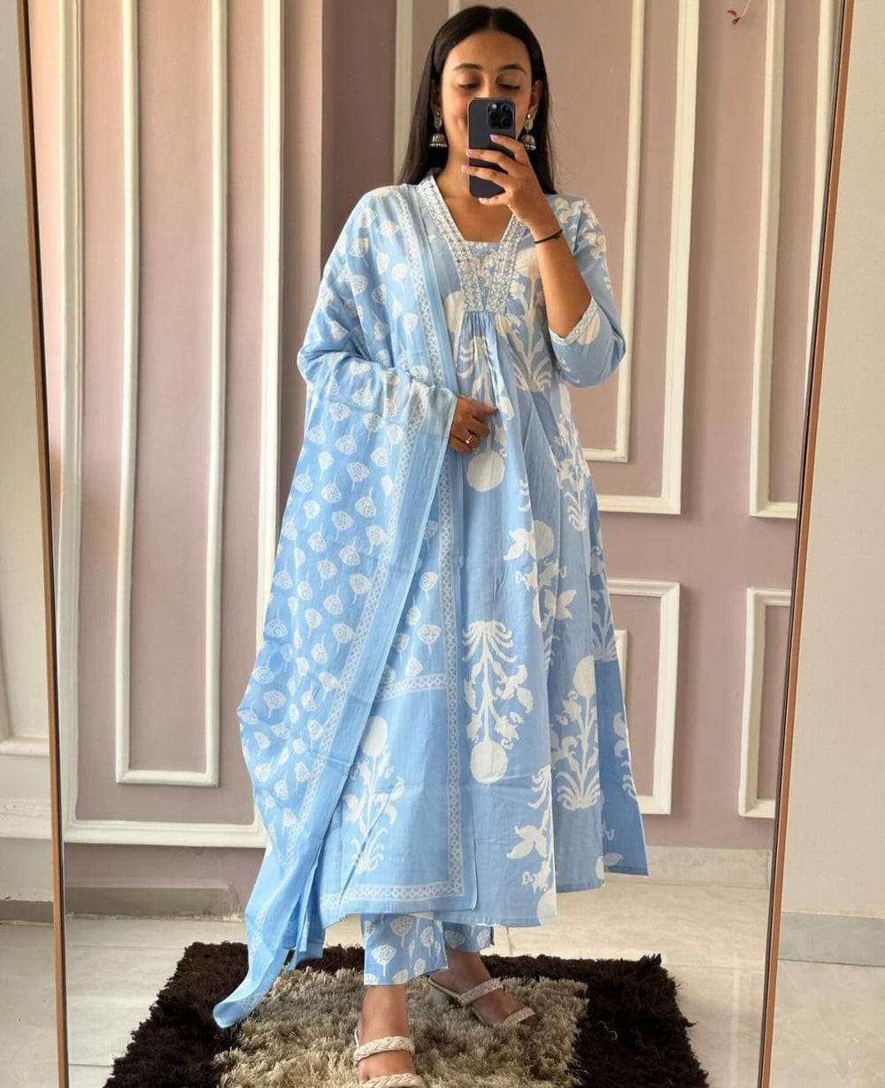 Soch Premium Pure Cotton Printed Long Kurti with Pant and Dupatta Set