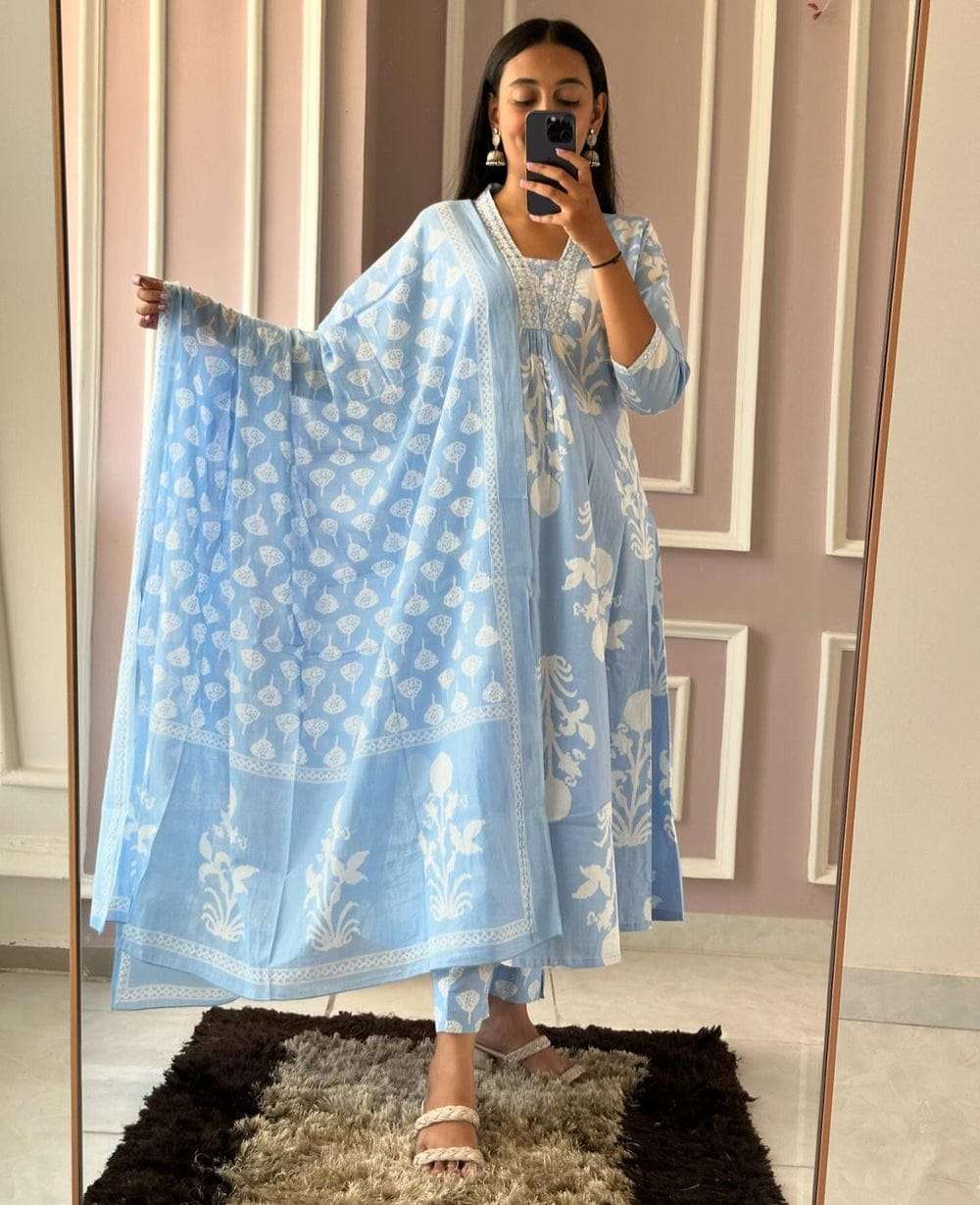 Soch Premium Pure Cotton Printed Long Kurti with Pant and Dupatta Set