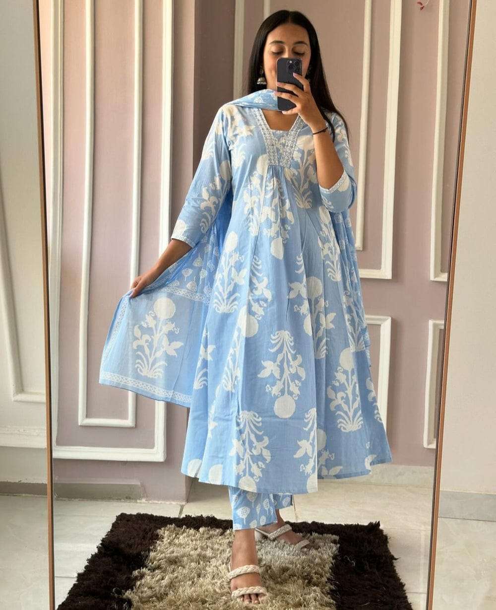 Soch Premium Pure Cotton Printed Long Kurti with Pant and Dupatta Set