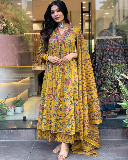 Floral Printed Cotton Kurta and Pant Set with Mulmul Dupatta