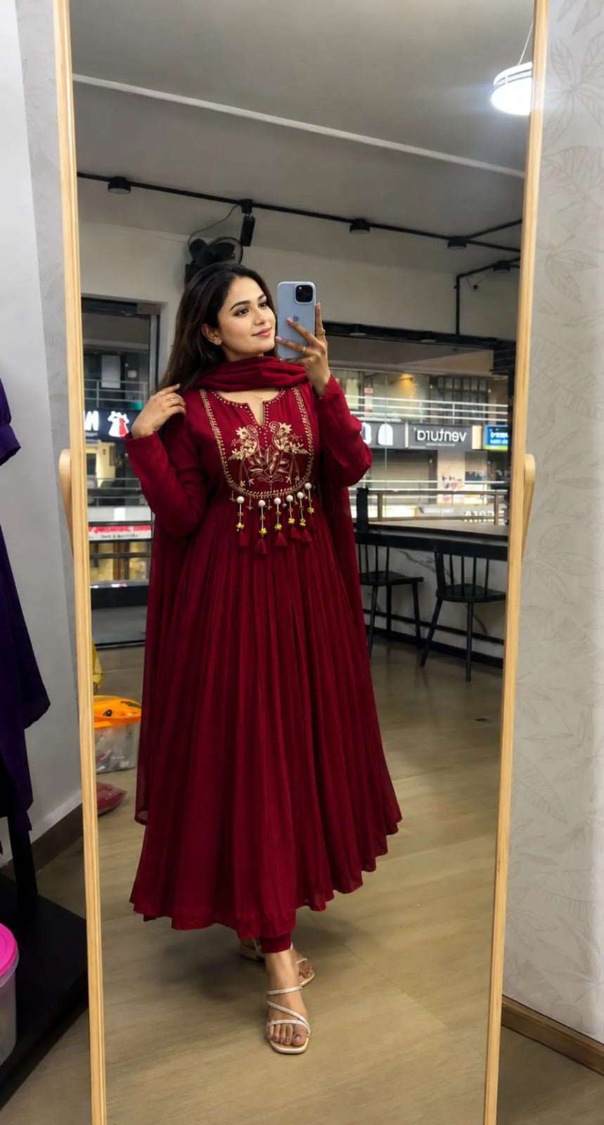 Maroon Embroidered Anarkali Kurta Set With Dupatta