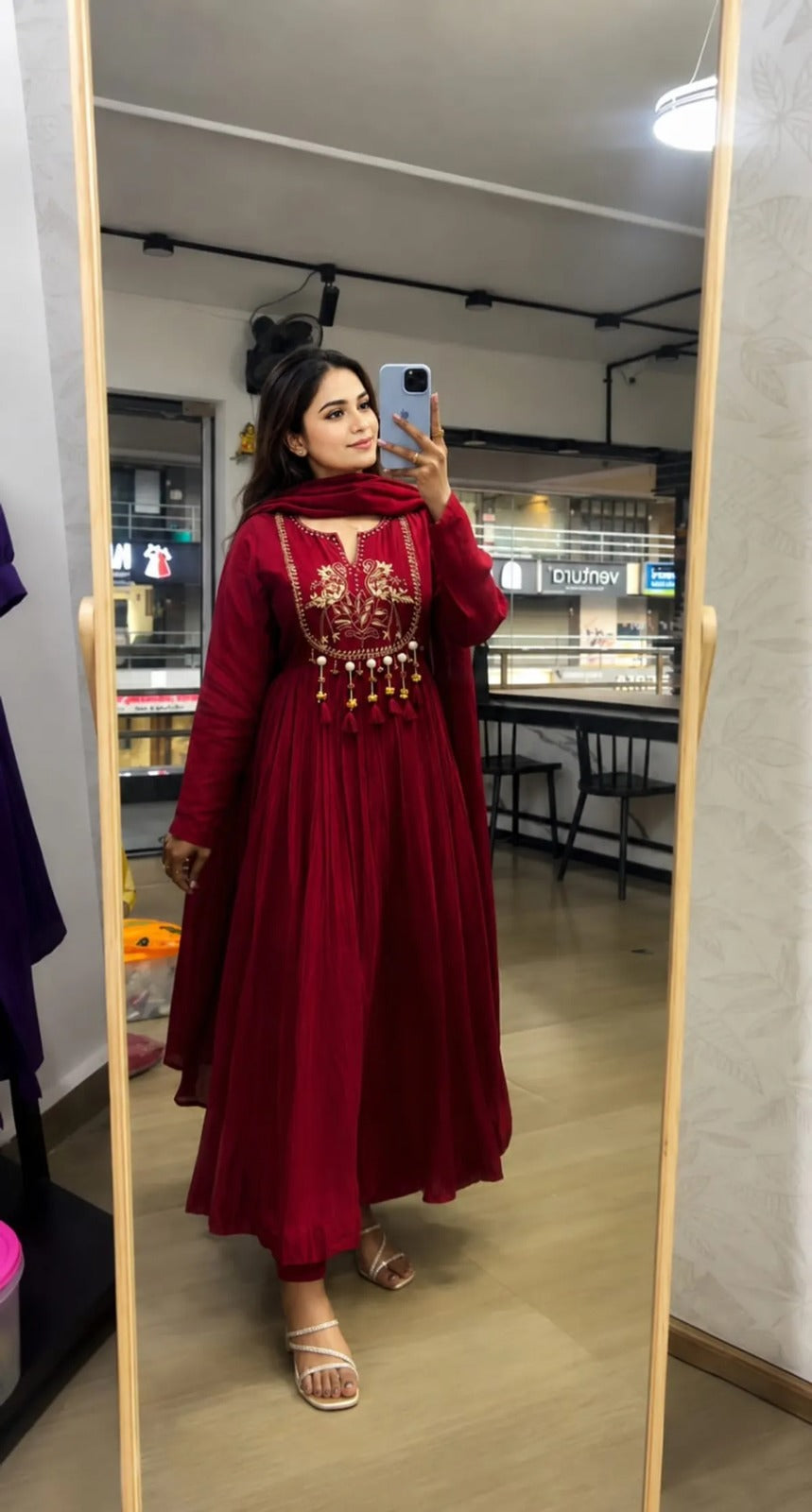Maroon Embroidered Anarkali Kurta Set With Dupatta