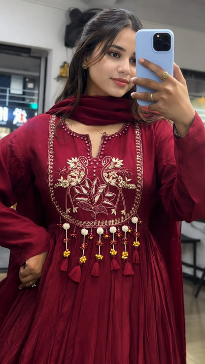 Maroon Embroidered Anarkali Kurta Set With Dupatta