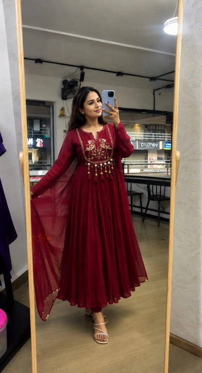 Maroon Embroidered Anarkali Kurta Set With Dupatta