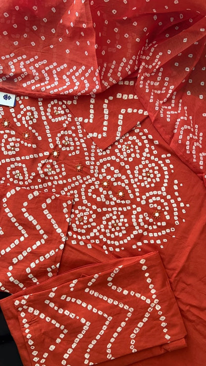Rust Orange Cotton Bandhani Kurta Set with Dupatta for Women