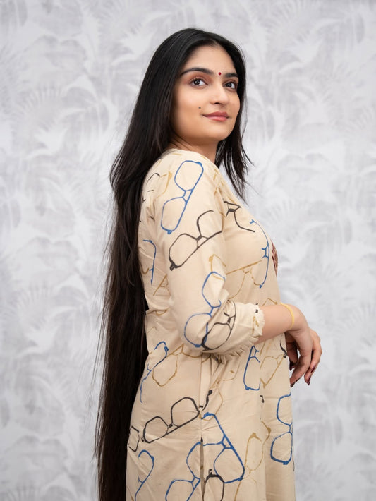 Beige Printed Cotton Kurti Palazzo Set for Women