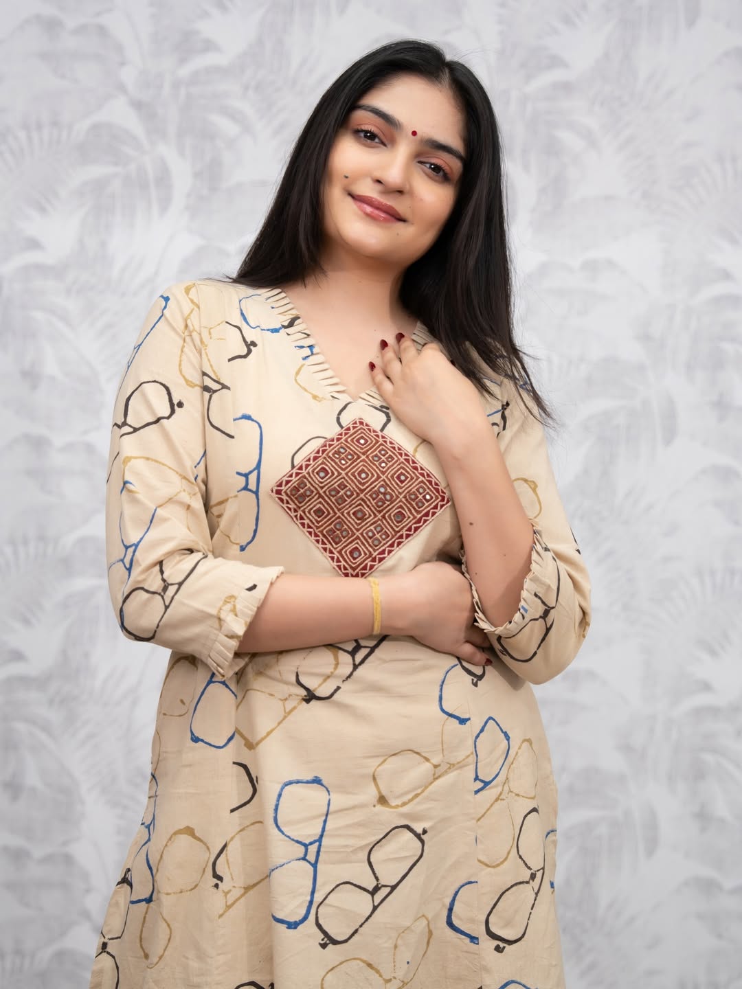 Beige Printed Cotton Kurti Palazzo Set for Women