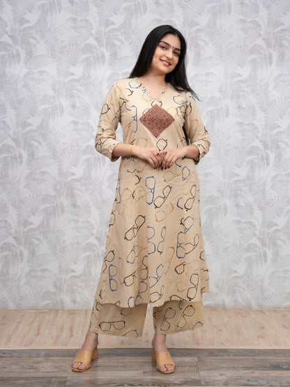 Beige Printed Cotton Kurti Palazzo Set for Women