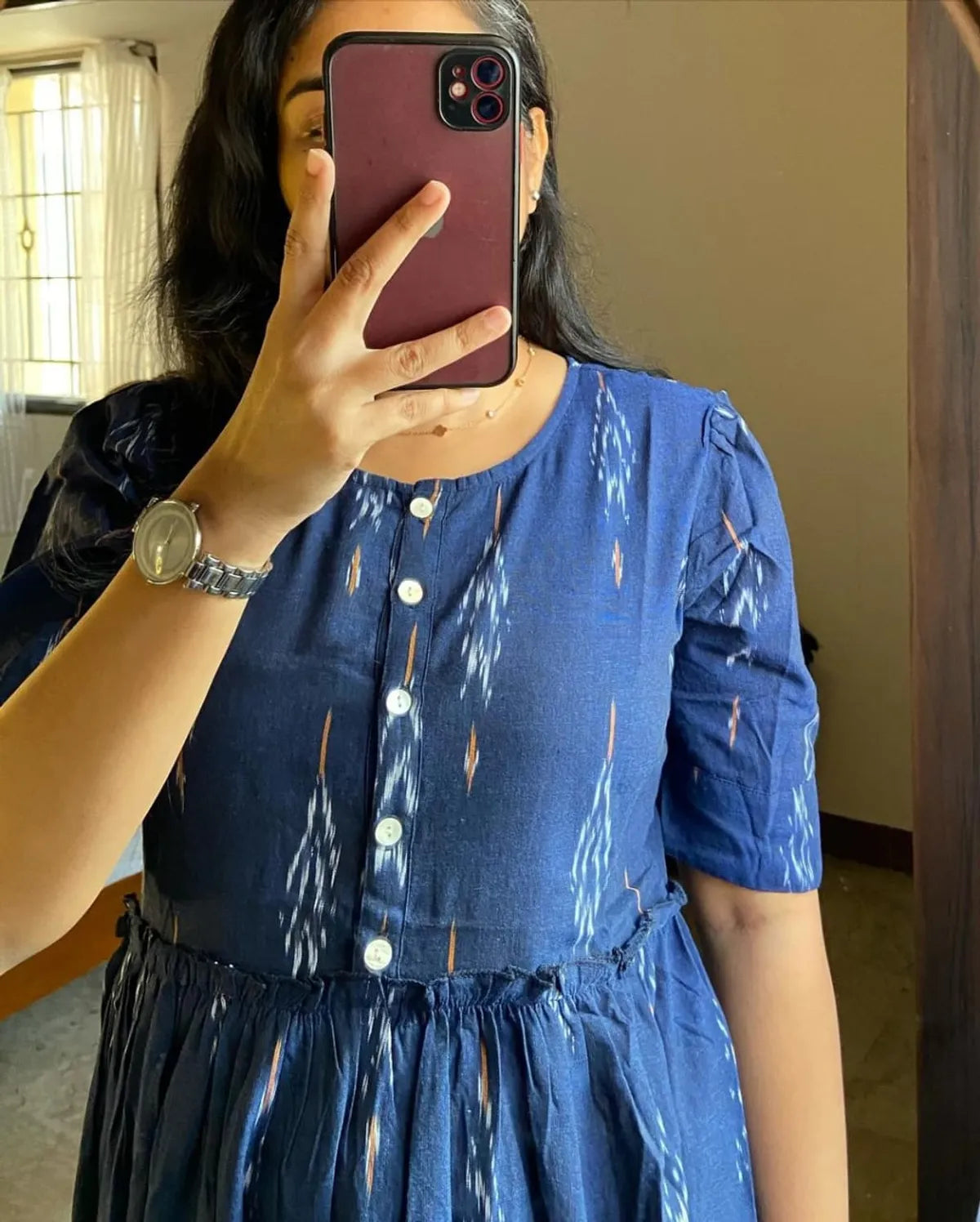 Soch Kurta Blue Ikat Cotton Flair Middy Gown For Women