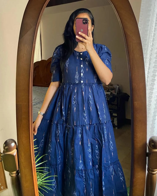 Soch Kurta Blue Ikat Cotton Flair Middy Gown For Women