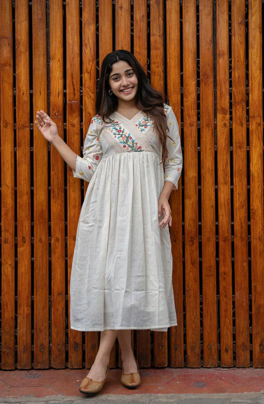 Soch Off white cotton kurti/ dress with floral embroidery and crochet lace detailings