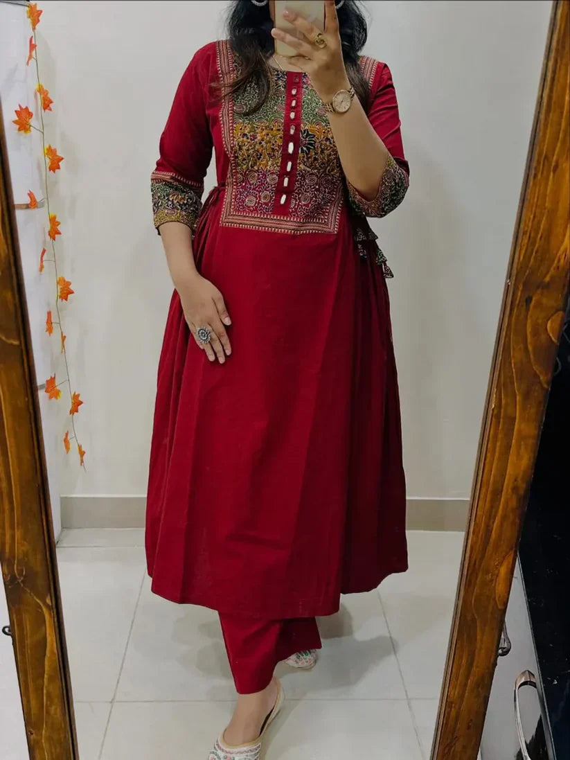 Women’s Red Embroidered Cotton Anarkali Kurta Pant Set