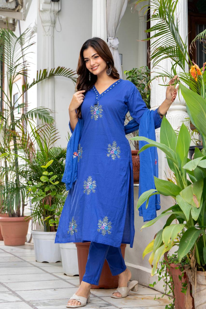 Royal Blue Embroidered Cotton Suit Set with Dupatta