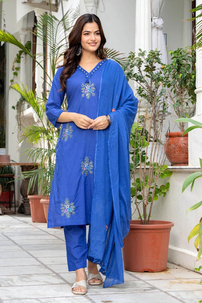 Royal Blue Embroidered Cotton Suit Set with Dupatta