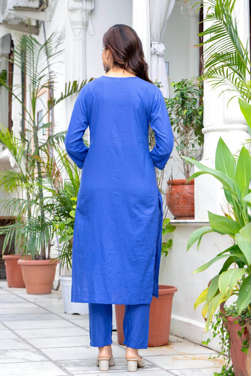 Royal Blue Embroidered Cotton Suit Set with Dupatta