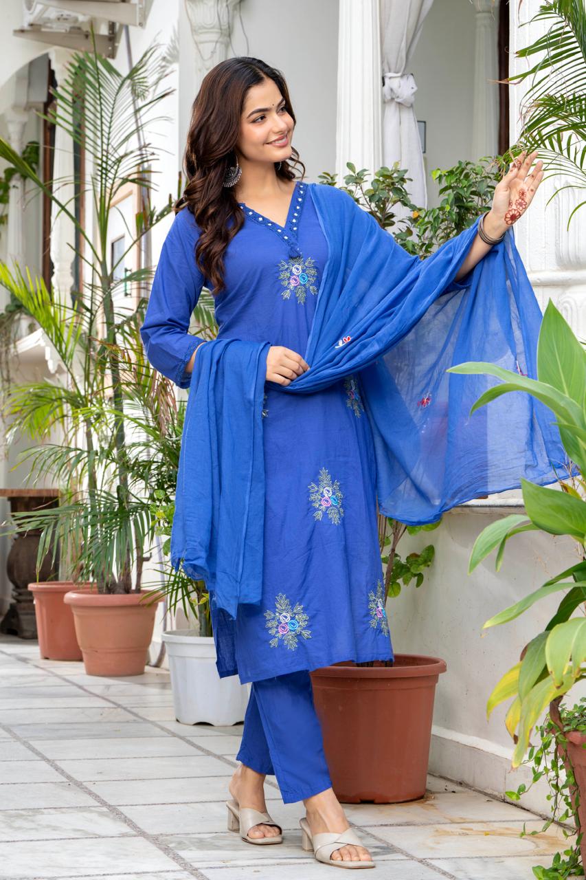 Royal Blue Embroidered Cotton Suit Set with Dupatta