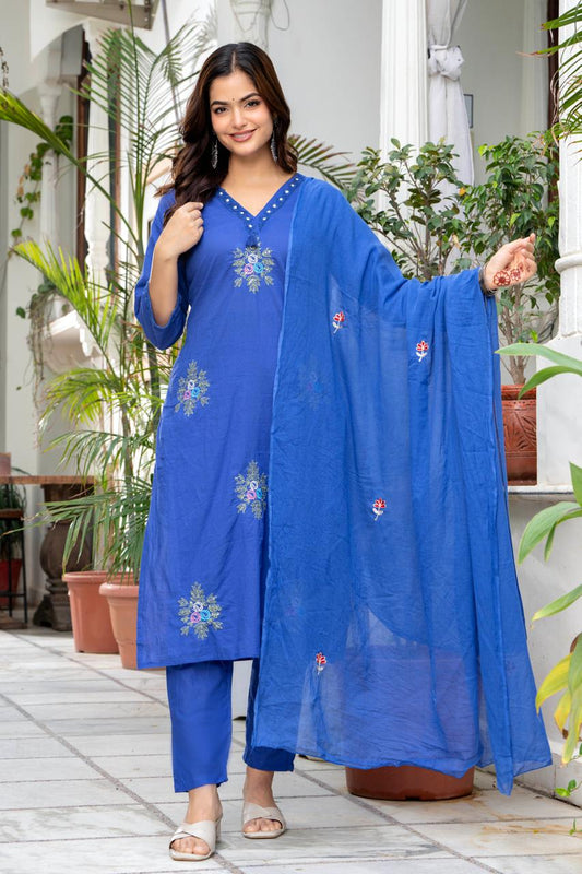 Royal Blue Embroidered Cotton Suit Set with Dupatta