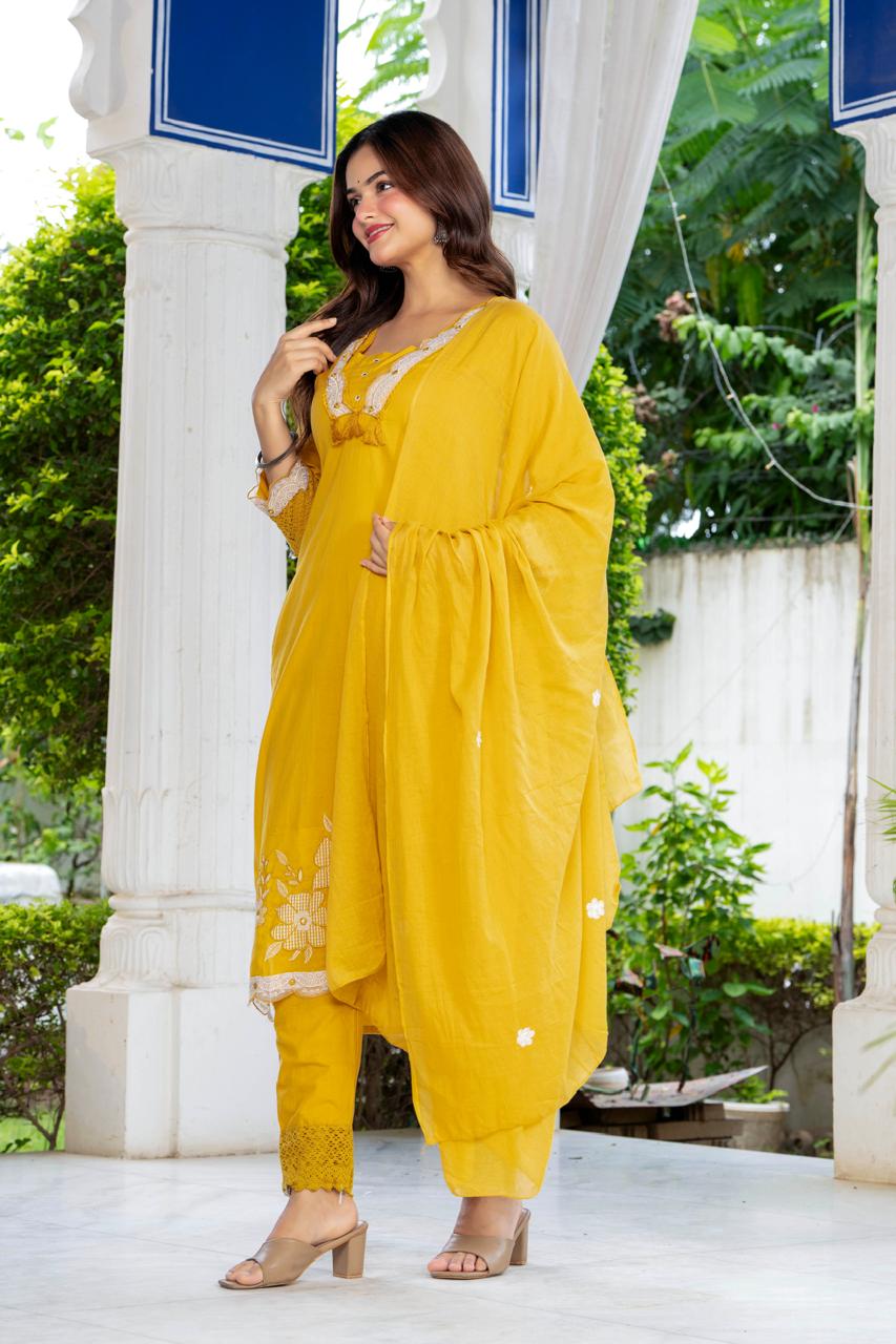 Mustard Yellow Embroidered Cotton Suit Set with Dupatta