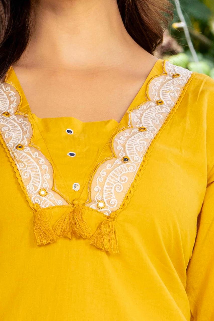 Mustard Yellow Embroidered Cotton Suit Set with Dupatta