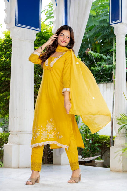 Mustard Yellow Embroidered Cotton Suit Set with Dupatta