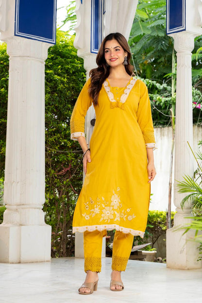 Mustard Yellow Embroidered Cotton Suit Set with Dupatta