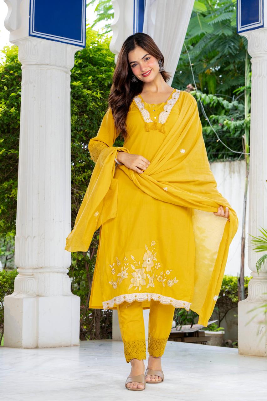Mustard Yellow Embroidered Cotton Suit Set with Dupatta