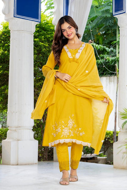 Mustard Yellow Embroidered Cotton Suit Set with Dupatta