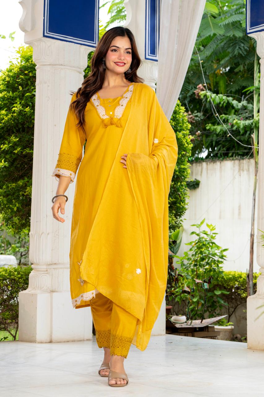 Mustard Yellow Embroidered Cotton Suit Set with Dupatta