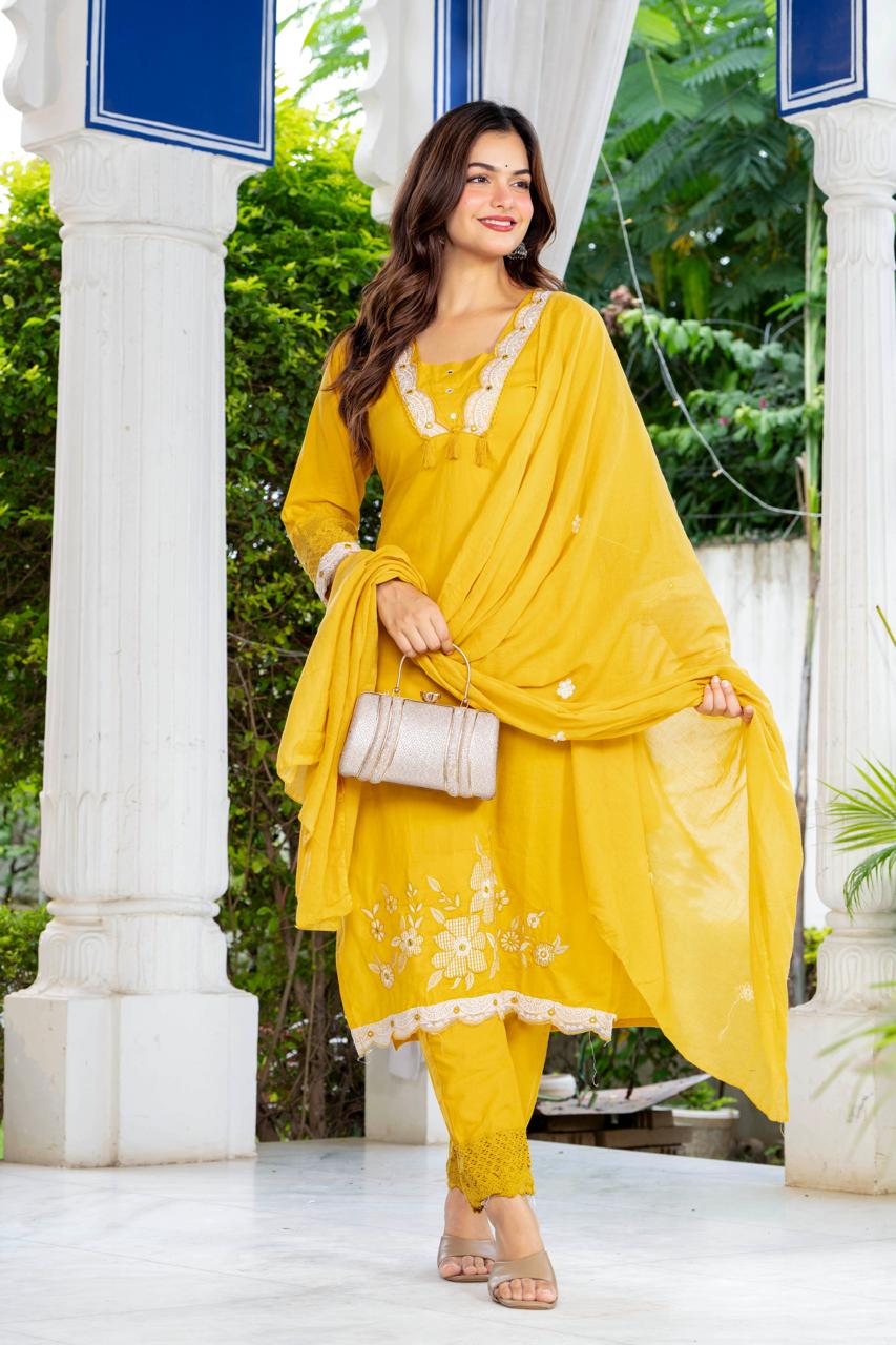 Mustard Yellow Embroidered Cotton Suit Set with Dupatta