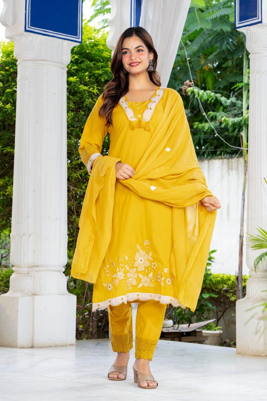 Mustard Yellow Embroidered Cotton Suit Set with Dupatta