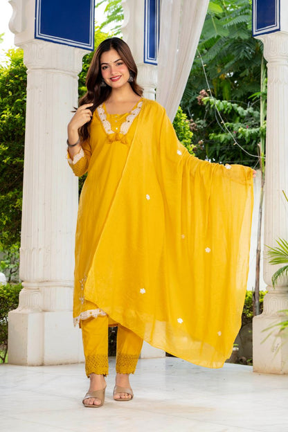 Mustard Yellow Embroidered Cotton Suit Set with Dupatta