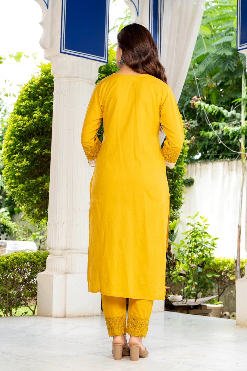 Mustard Yellow Embroidered Cotton Suit Set with Dupatta