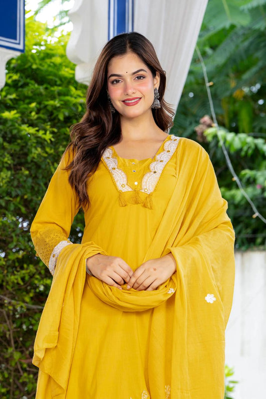 Mustard Yellow Embroidered Cotton Suit Set with Dupatta