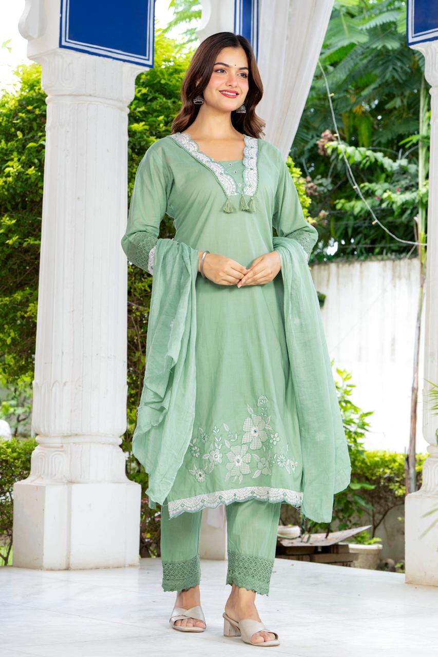 Sage Green Embroidered Cotton Suit Set with Dupatta