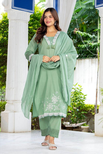 Sage Green Embroidered Cotton Suit Set with Dupatta