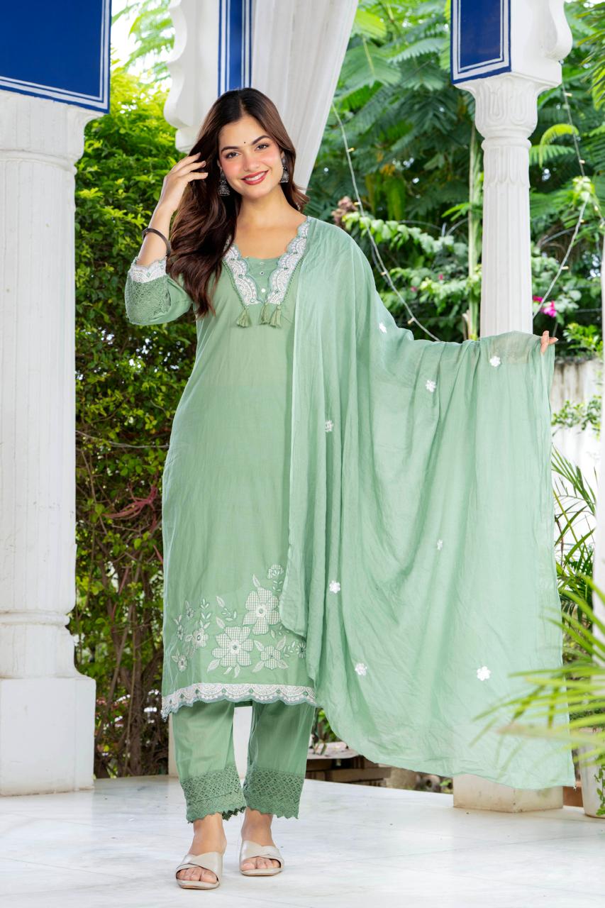 Sage Green Embroidered Cotton Suit Set with Dupatta