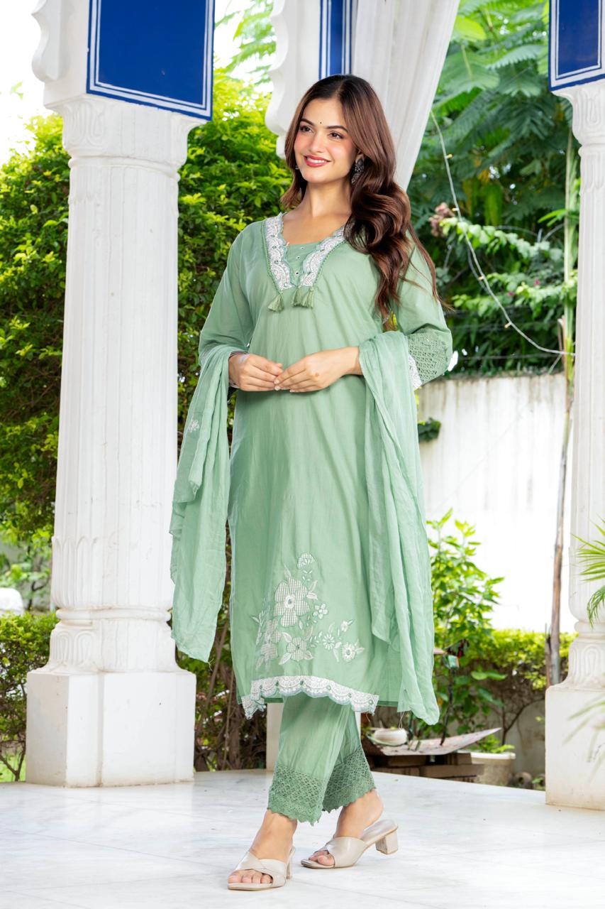 Sage Green Embroidered Cotton Suit Set with Dupatta