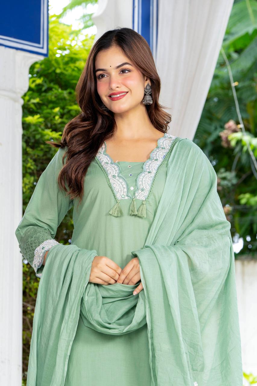 Sage Green Embroidered Cotton Suit Set with Dupatta